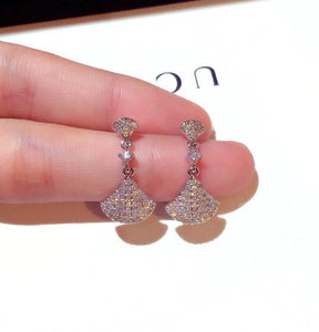 Elegant Gold Plated Silver Fan Design Diamante Zircon Drop Earrings