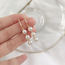 Load image into Gallery viewer, Classic Freshwater Cultured 3 Pearls Drop Earrings in 14K Gold Plated Silver Bridal Wedding
