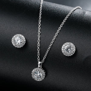 Cubic Zirconia Round Pendant Necklace and Earring Set in Silver, Bridal Jewellery Set