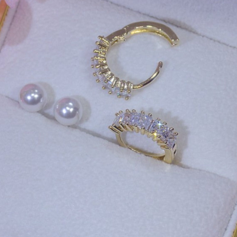 Pearl Studs and Gold Plated Zircon Diamante Huggies- 2 Pairs of Earrings
