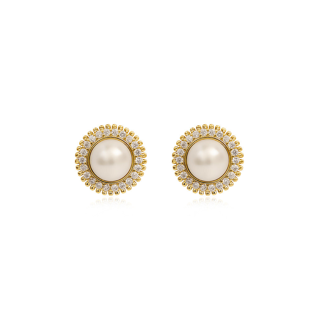 Gold Plated Luxury Diamante Circular with Pearl Ear Studs