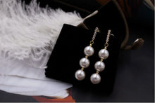 Load image into Gallery viewer, Classic Freshwater Cultured 3 Pearls Drop Earrings in 14K Gold Plated Silver Bridal Wedding