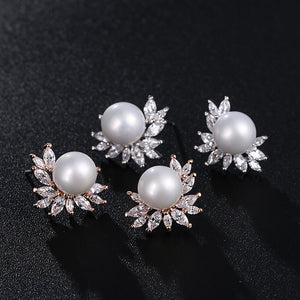 Classic Zircon Earrings With Pearl Bridal and Wedding Pearl Studs
