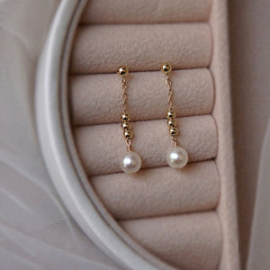 14K Gold Plated Long Chain Pearl Drop Earrings