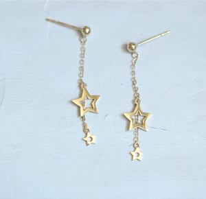 Asymmetric Gold Plated Silver Star Tassel Drop Earring