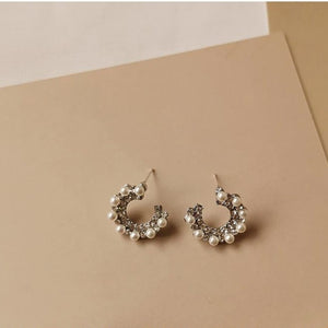 C Shape White Zircon Pearls Studs Earring