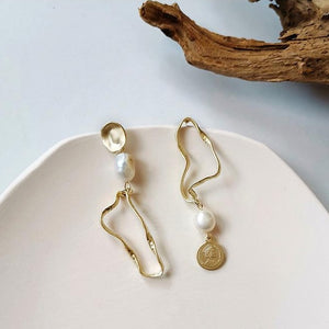Irregular Large Gold Plated Pearl Long Earrings