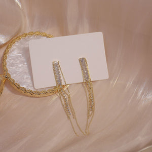 Gold Plated Zircon Diamante Long Tassel Earrings Party Wear