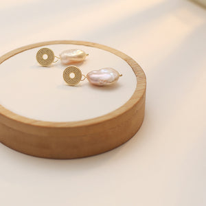 Circular Stud With Irregular Fresh Pearl Drop Earrings