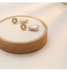 Circular Stud With Irregular Fresh Pearl Drop Earrings