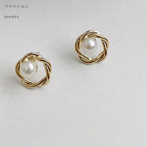 Gold Plated Twist Circular Pearl Stud Earrings