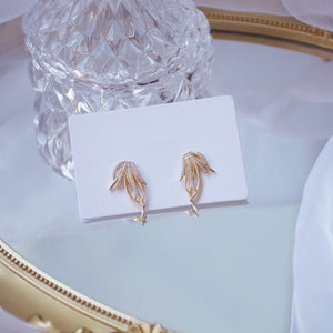 INS Fashion 14K Gold Plated Zircon Leaf Ear Studs Mini Tassel Earrings