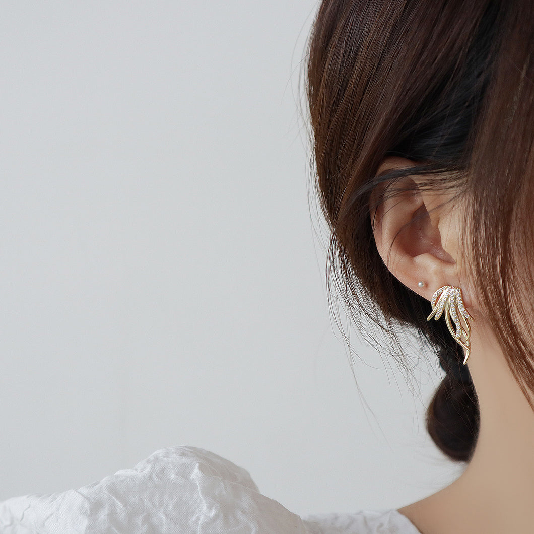 INS Fashion 14K Gold Plated Zircon Leaf Ear Studs Mini Tassel Earrings
