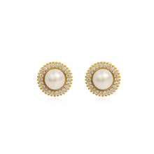 Load image into Gallery viewer, Gold Plated Luxury Diamante Circular with Pearl Ear Studs

