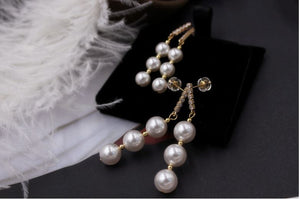 Classic Freshwater Cultured 3 Pearls Drop Earrings in 14K Gold Plated Silver Bridal Wedding