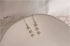 Classic Freshwater Cultured 3 Pearls Drop Earrings in 14K Gold Plated Silver Bridal Wedding