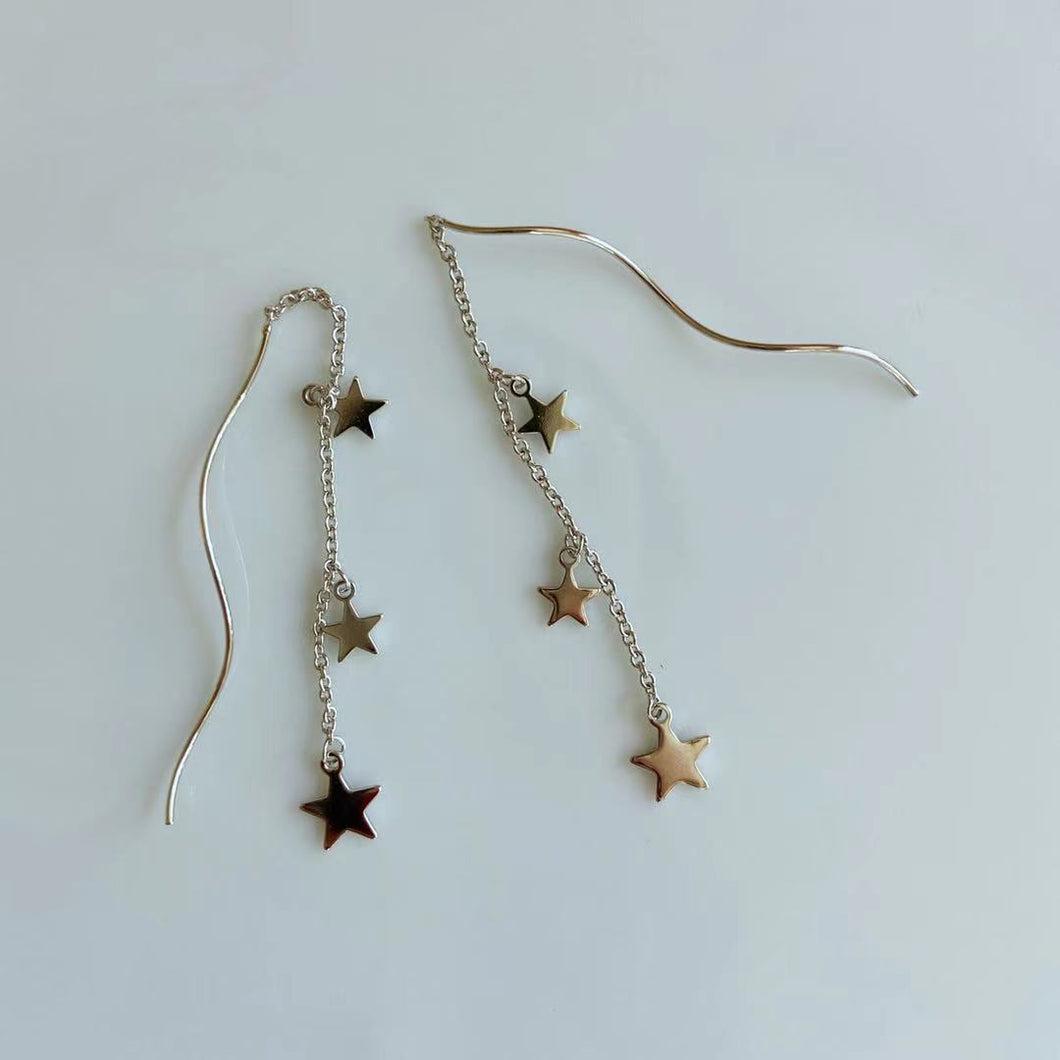 Silver Three Star Chain Thread Through Earrings