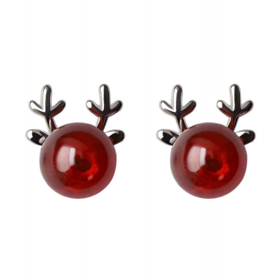 Sterling Silver Red Stone Christmas Reindeer Earrings Ear Stud