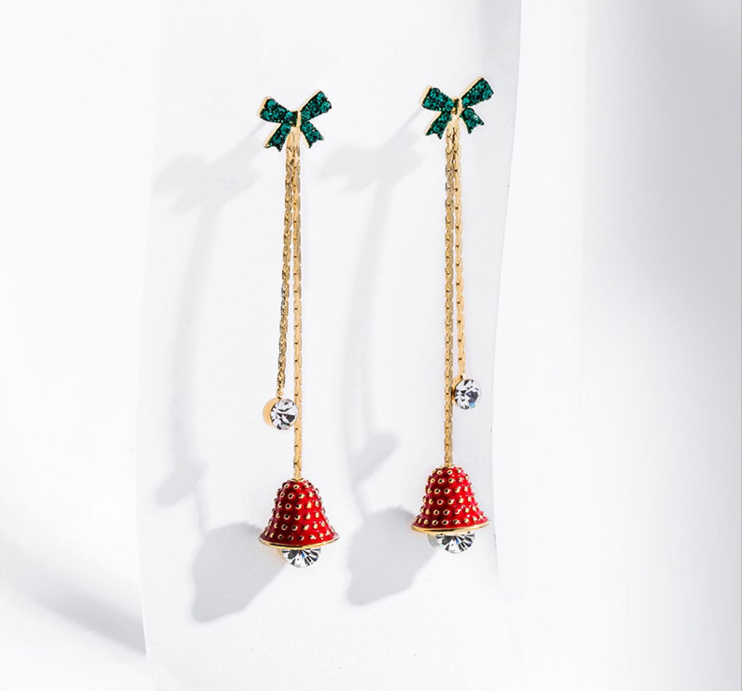 Gold Plated Silver Red and Green Christmas Bell Drop Earrings