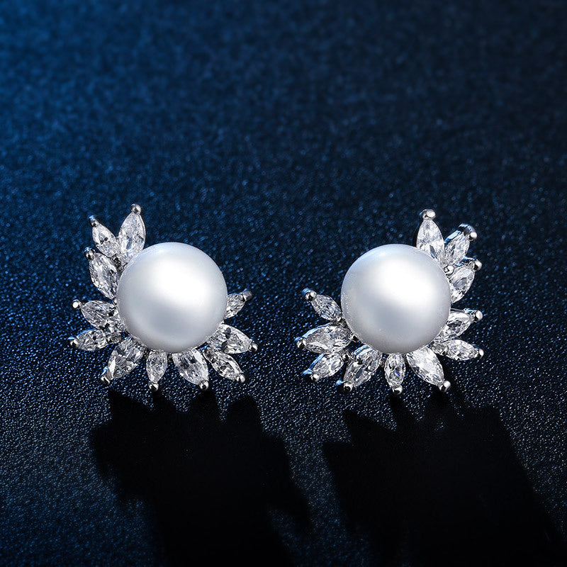 Classic Zircon Earrings With Pearl Bridal and Wedding Pearl Studs