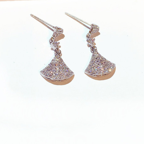 Elegant Gold Plated Silver Fan Design Diamante Zircon Drop Earrings